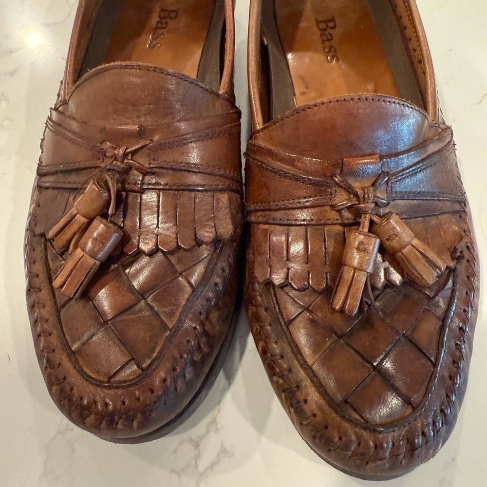 Bass Mens Lloyd Brown Leather Woven Kiltie Tassel Slip On 10M Vintage